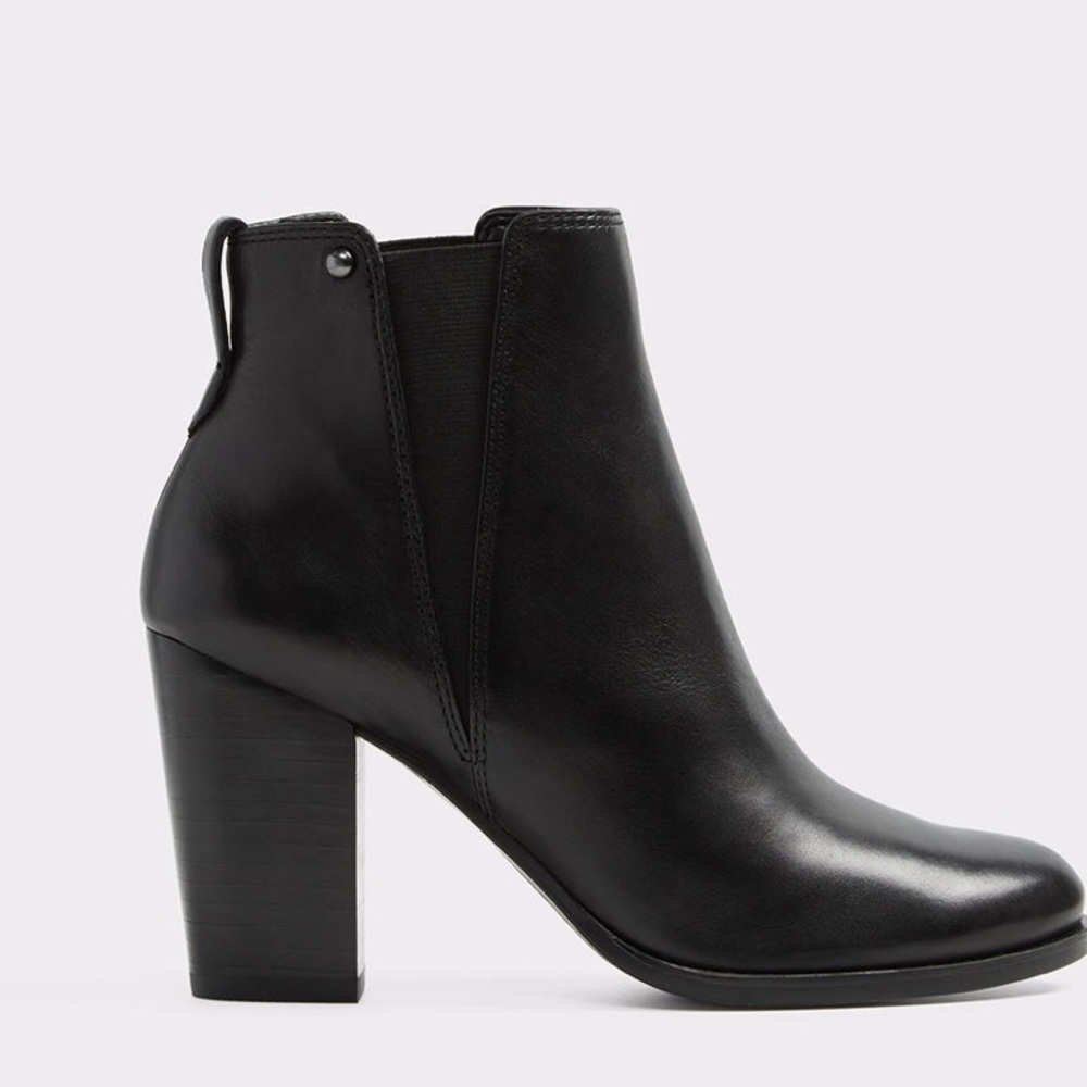 Black leather, Block heel booties (worn once)